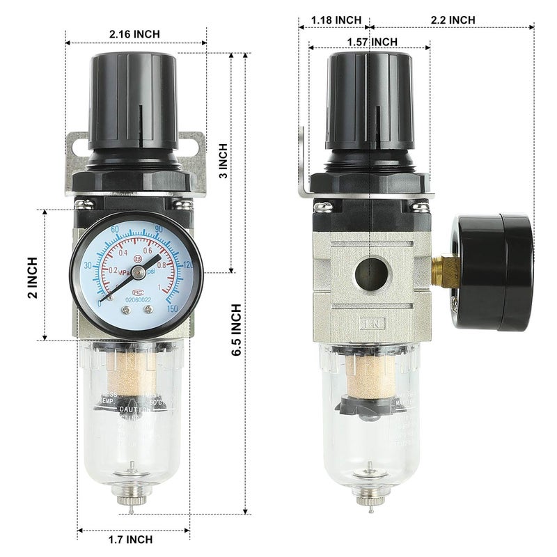 Hromee 1/4 Inch Air Compressor Filter Regulator Combo, Water Oil Separator with Pressure Gauge, Manual Drain, Ball Valve and Bracket AW2000-02 - Image 4